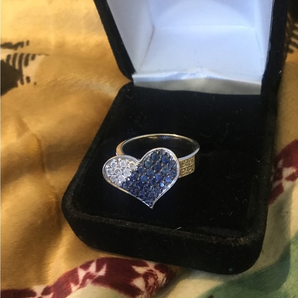 14k 585 White Gold Heart Diamond /Sapphire Ring - Picture 3 of 16